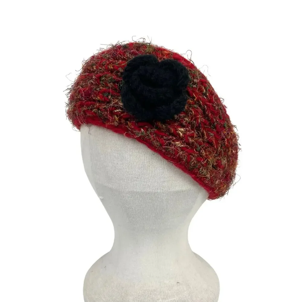 Rising Tide Wool Silk Blend Knit Headband Red Black Flower Fleece Lined Nepal